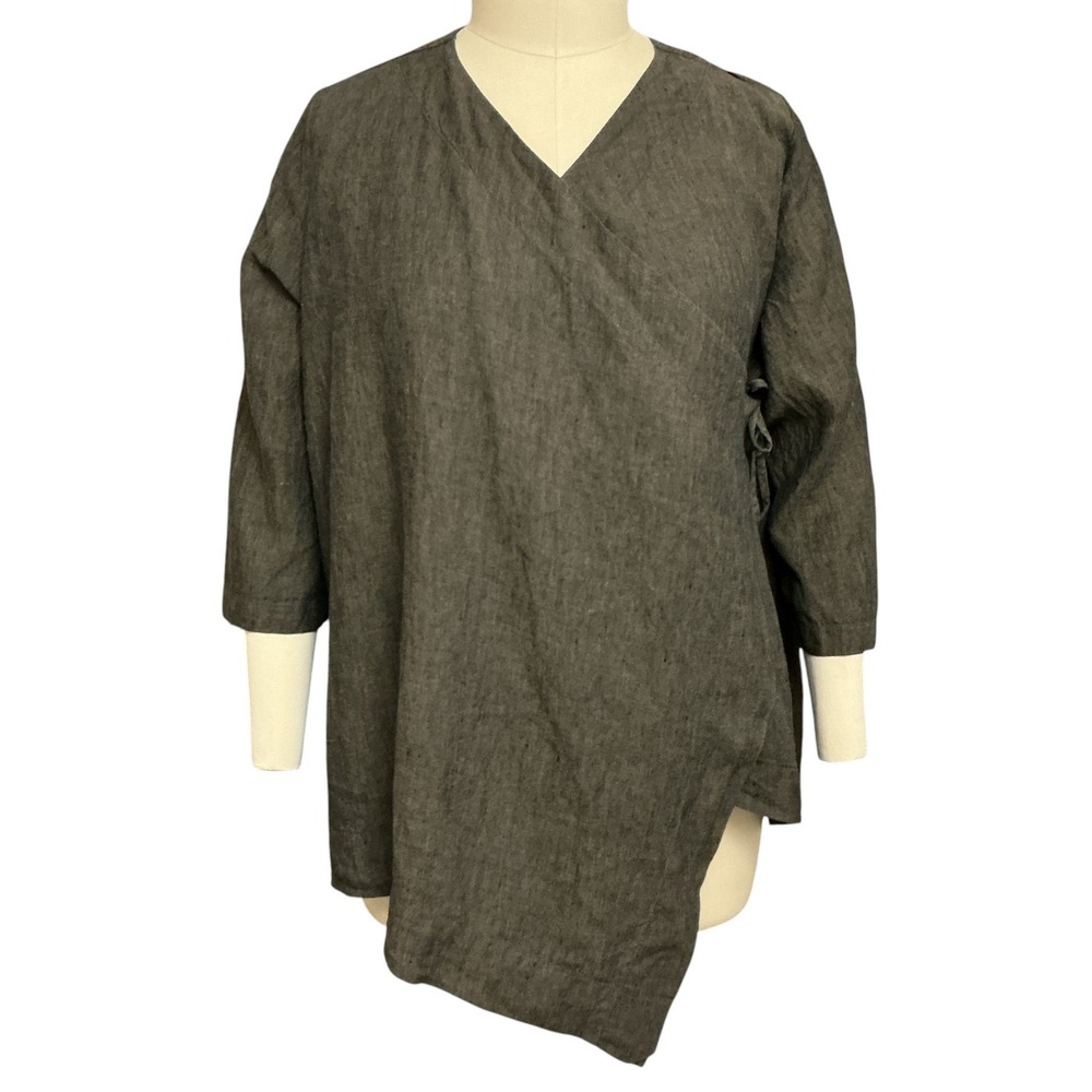Bryn Walker Women's Linen Wrap Top Size 2X Olive Asymmetric Lagenlook Oversized